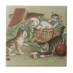 Vintage Victorian Kittens Playing in Sewing Basket Ceramic Tile