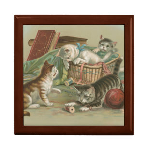 Vintage Victorian Kittens Playing in Sewing Basket Gift Box