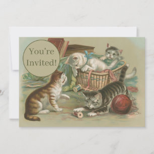 Vintage Victorian Kittens Playing in Sewing Basket Invitation