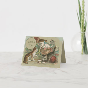 Vintage Victorian Kittens Playing in Sewing Basket Letterpress Thank You Card