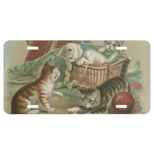 Vintage Victorian Kittens Playing in Sewing Basket License Plate