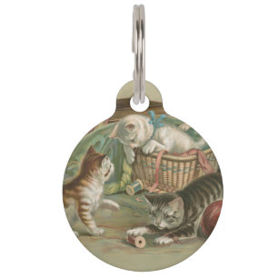 Vintage Victorian Kittens Playing in Sewing Basket Pet ID Tag
