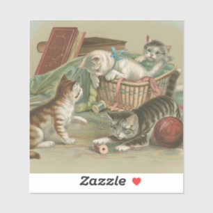 Vintage Victorian Kittens Playing in Sewing Basket Sticker