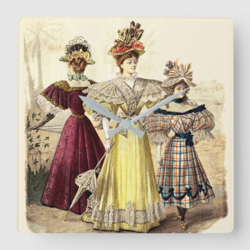 Vintage Victorian Ladies Dresses Parasols on Beige Square Wall Clock