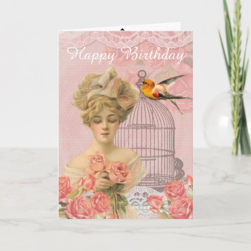 Vintage Victorian Lady and Birdcage Birthday Card