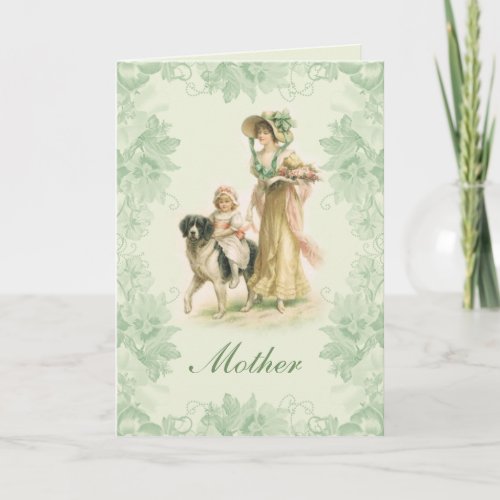 Vintage Victorian Lady Child on Dog Mothers Day Card