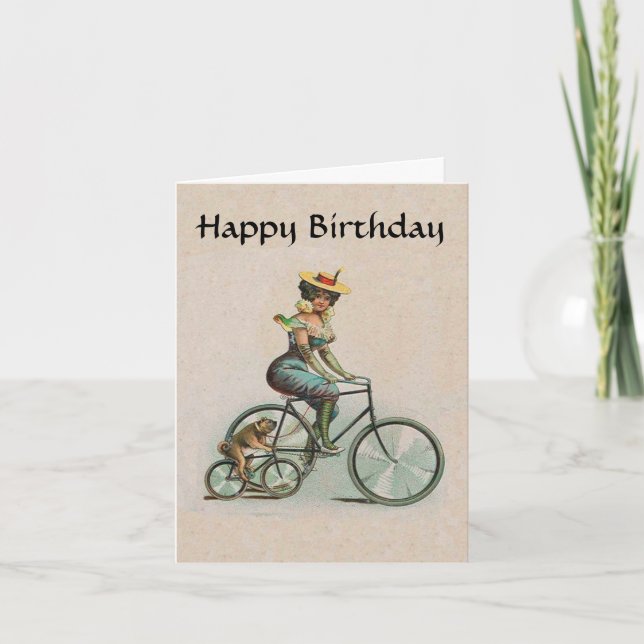 Vintage Victorian Lady Dog Bicycle Birthday Card (Front)