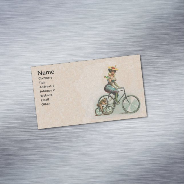 Vintage Victorian Lady Dog Bicycle Business Card Magnet (In Situ)