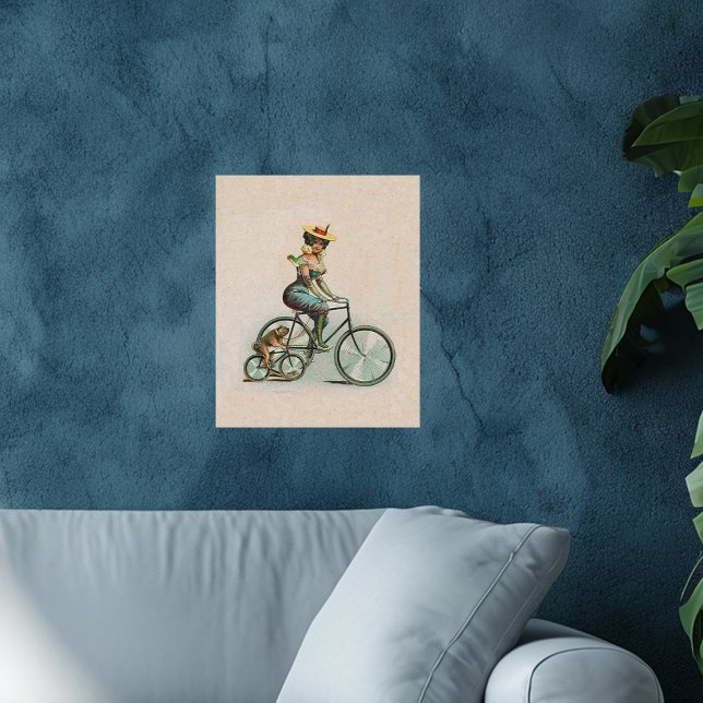 Vintage Victorian Lady Dog Bicycle Poster (Victorian lady on bicyle riding with bulldog on bicycle on tan art wall poster.)