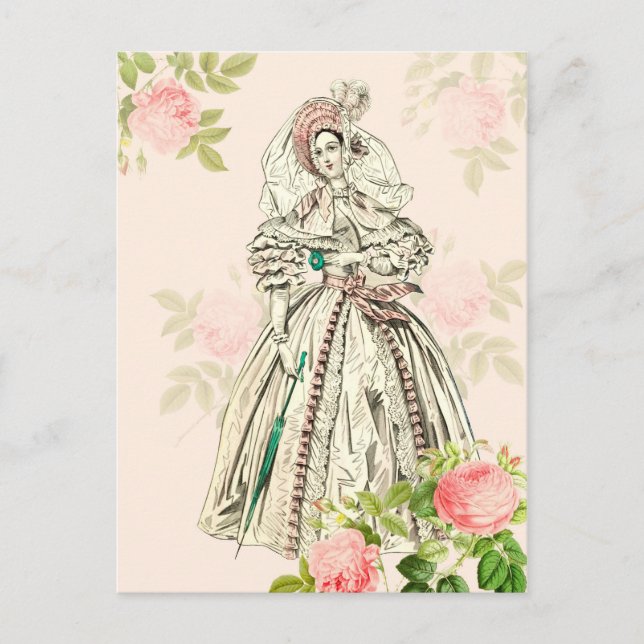 Vintage victorian lady fashion postcard in pink (Front)