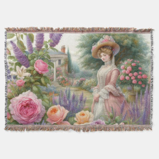 Vintage Victorian Lady Floral Garden decoupage Throw Blanket