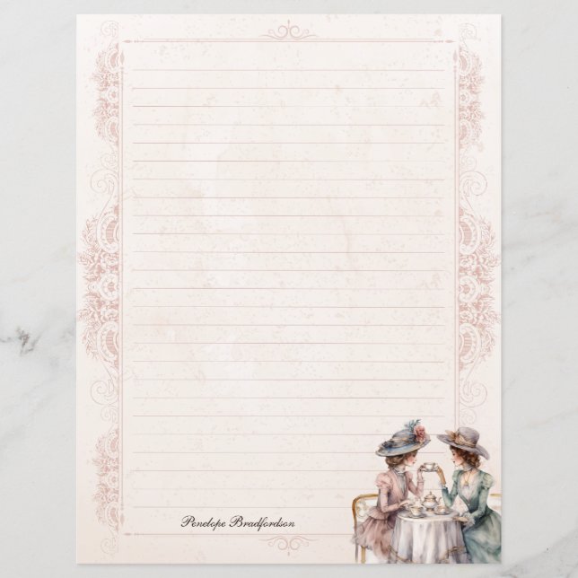 Vintage Victorian Lady High Tea Lined Stationery (Front)