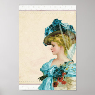 Vintage Victorian Lady In Blue Floral Outfit Poster
