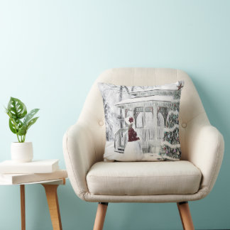 Vintage Victorian lady in winter park drawing Throw Pillow