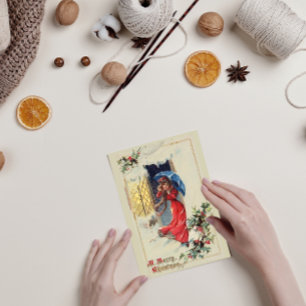 Vintage Victorian Lady Red Christmas Holiday Card