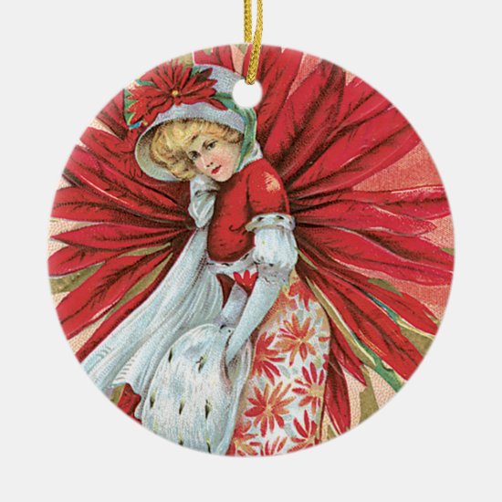 Vintage Victorian Lady Red Poinsettia Ceramic Ornament