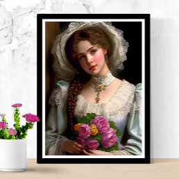 Vintage Victorian Lady With Bouquet Of Roses Poster