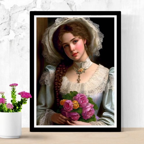 Vintage Victorian Lady With Bouquet Of Roses Poster