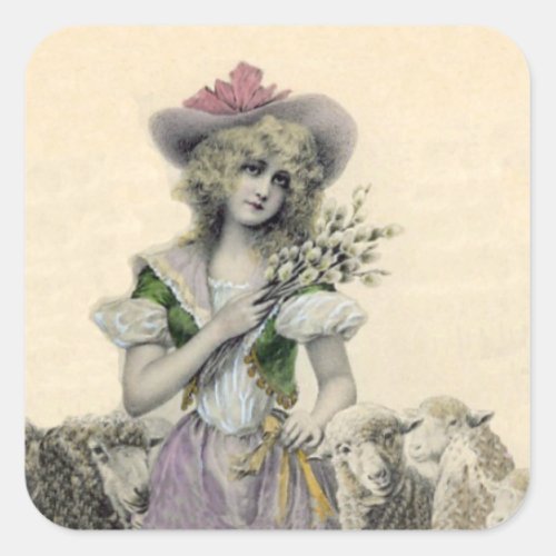 Vintage Victorian Little Bo Peep Sheep Fairy Tale Square Sticker