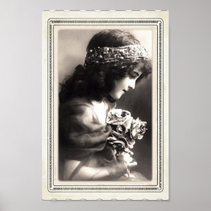 Vintage Victorian Little Girl Holding A Posy B/W Poster