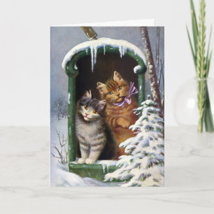 Vintage Victorian Mailbox Cats Christmas Card