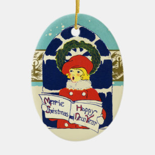 Vintage Victorian Merrie Christmas New Year Ceramic Ornament