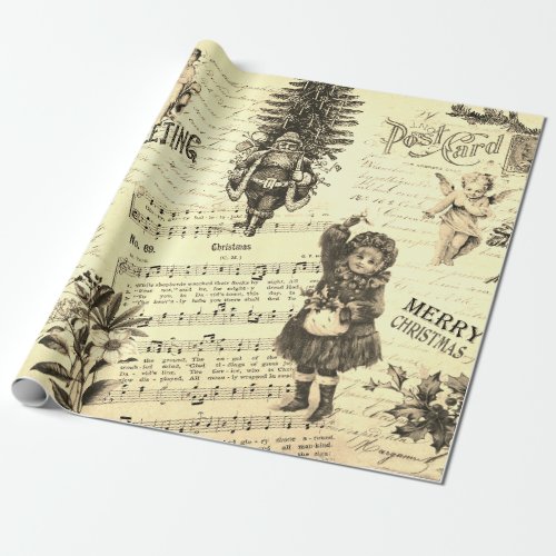 Vintage Victorian Merry Christmas Sepia Beige Wrapping Paper