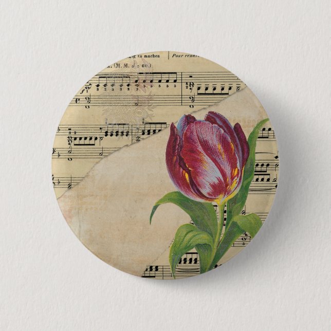 Vintage Victorian Music Romance Tulips Button (Front)