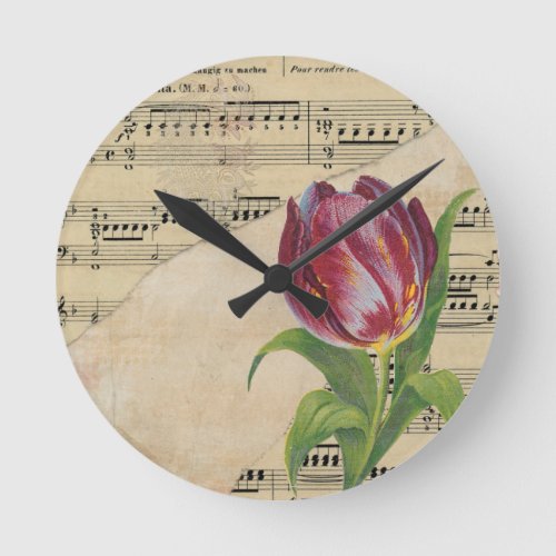 Vintage Victorian Music Romance Tulips Round Clock