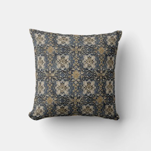 Vintage Victorian navy blue and beige damask Throw Pillow