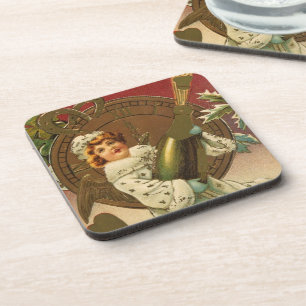 Vintage Victorian New Years Eve Champagne Angel Beverage Coaster