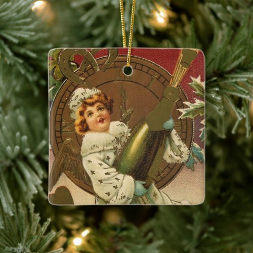 Vintage Victorian New Years Eve Champagne Angel Ceramic Ornament