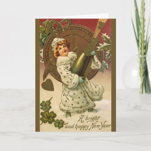 Vintage Victorian New Years Eve Champagne Angel Holiday Card