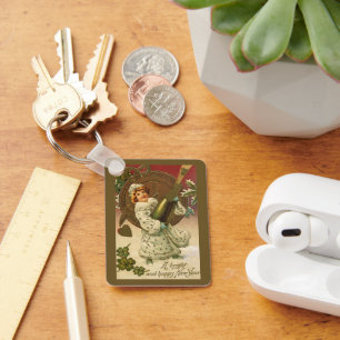 Vintage Victorian New Years Eve Champagne Angel Keychain