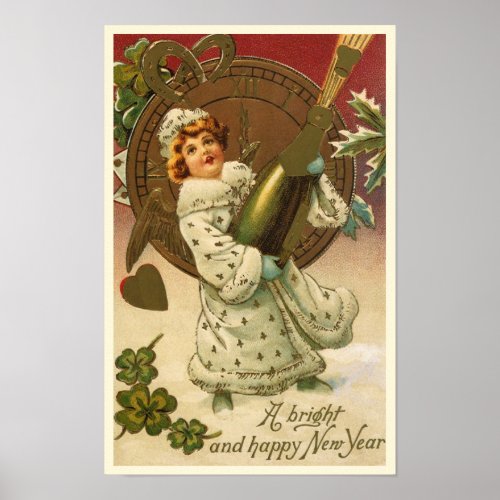 Vintage Victorian New Years Eve Champagne Angel Poster