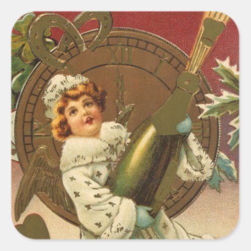 Vintage Victorian New Years Eve Champagne Angel Square Sticker