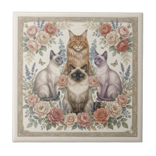 Vintage Victorian Ornamental Floral Feline Art Ceramic Tile