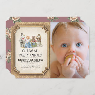 Vintage Victorian Pawty Animal Girl Photo Birthday Invitation