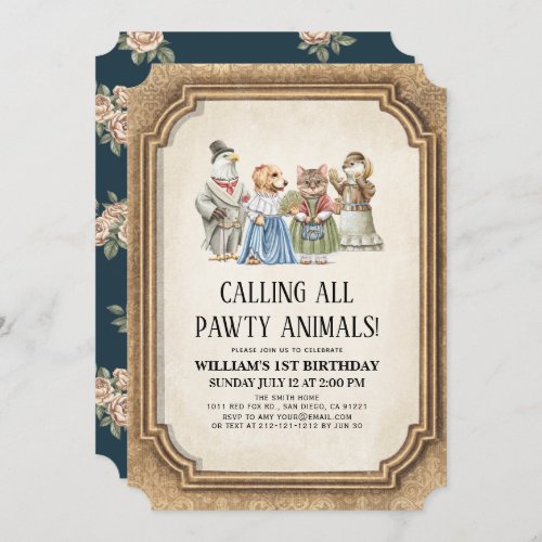 Vintage Victorian Pawty Animals Boy Birthday Invitation