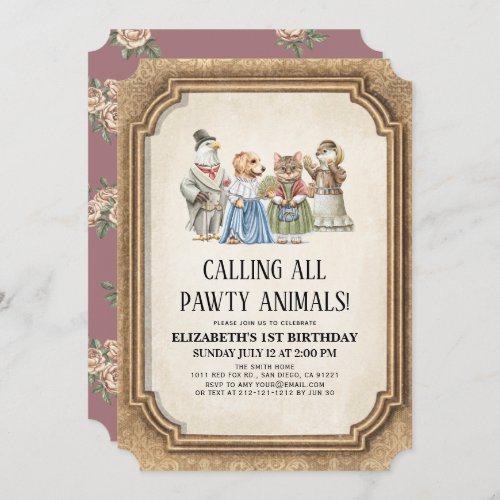 Vintage Victorian Pawty Animals Girl Birthday Invitation
