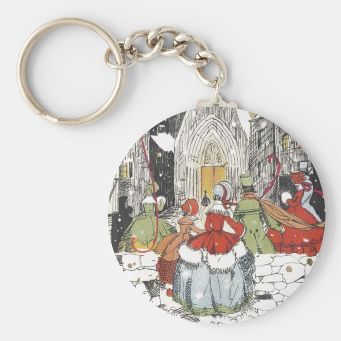 Vintage Christmas, Victorian People at Church Keychain