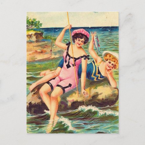 Vintage Victorian Pin_Up Fishing Girl Postcard