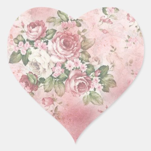 Vintage Victorian pink and white Roses Elegant Heart Sticker