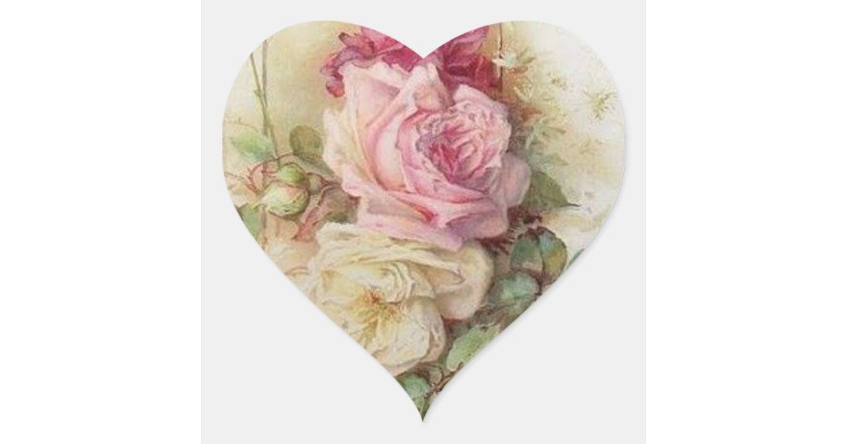 Vintage Victorian pink and white Roses Heart Sticker | Zazzle