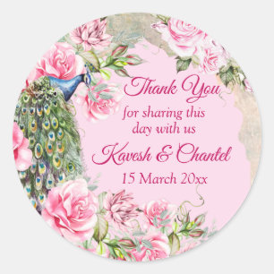 Vintage Victorian pink peony roses peacock custom Classic Round Sticker