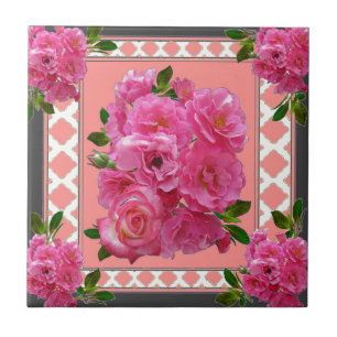vintage victorian pink rose pattern art tile