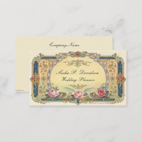 Vintage Victorian Pink Roses Elegant Gold Blue Bus Business Card