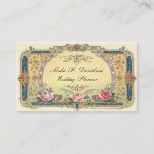 Vintage Victorian Pink Roses Elegant Gold Blue Business Card