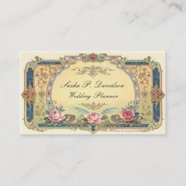 Vintage Victorian Pink Roses Elegant Gold Blue Business Card (Front)
