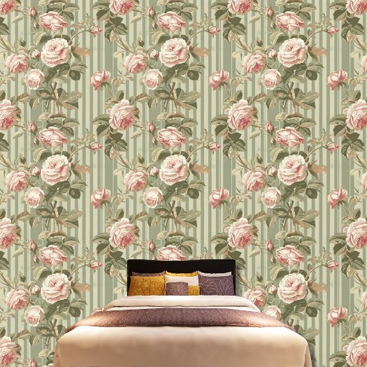 Vintage Victorian Pink Roses Green Striped Pattern